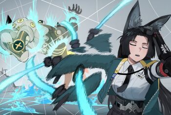 1girl adjusting_hair animal_ear_fluff animal_ears black_gloves black_hair black_necktie breasts closed_eyes fox_ears fox_girl gloves hair_slicked_back hand_in_own_hair hand_on_own_head highres hoshimi_miyabi jacket jourd4n jujutsu_kaisen long_hair meme monster naoya_hitting_choso_without_looking_(meme) necktie open_mouth scene_reference shirt teeth upper_teeth_only white_shirt zenless_zone_zero