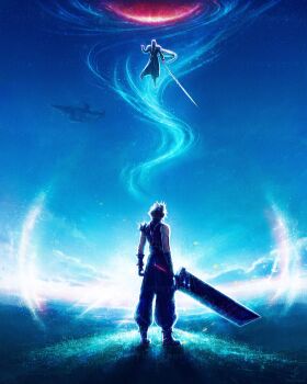 2boys absurdres aircraft airship armor armored_gloves baggy_pants bandaged_arm bandages blue_sky buster_sword cloud_strife final_fantasy final_fantasy_vii final_fantasy_vii_remake floating from_behind full_body highres highwind holding holding_sword holding_weapon long_coat long_hair male_focus masamune_(ff7) meteor multiple_boys pants pauldrons sephiroth short_hair shoulder_armor single_bare_shoulder single_pauldron sky spiked_hair sword tylor_hepner weapon