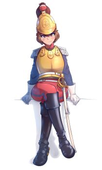 Rule 34 | 1girl, absurdres, belt, blue jacket, boots, breasts, brown hair, closed mouth, commentary, cuirass, cuirassier, cuirassier helmet, english commentary, epaulettes, fluffkaiser, full body, gloves, hat, highres, jacket, knee boots, long sleeves, looking at viewer, napoleonic wars, original, pantaloons, pants, red pants, saber (weapon), sheath, sheathed, short hair, simple background, sitting, smile, solo, sword, weapon, white background, white belt, white epaulettes, white gloves