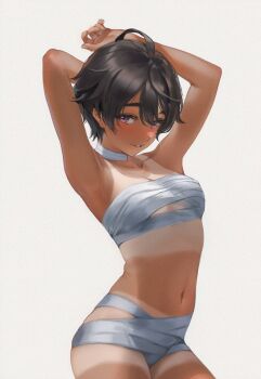 1girl ai-assisted arms_behind_head aruhshura bandaged_chest bandaged_neck bandaged_waist bandages black_hair blush breasts chest_sarashi looking_at_viewer make_heroine_ga_oo_sugiru! purple_eyes sarashi short_hair simple_background small_breasts solo stomach tan tanline tomboy yakishio_lemon