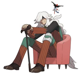 1boy absurdres arms_up artist_request az_(pokemon) bags_under_eyes black_eyes black_flower brown_shoes cane closed_mouth couch floette floette_(eternal) flower full_body gen_6_pokemon hair_over_one_eye highres holding holding_cane holding_flower jacket knee_pads long_hair long_legs looking_at_viewer male_focus multicolored_jacket multicolored_pants nintendo official_art old old_man on_couch one_eye_covered orange_pants outline own_hands_together pants patchwork_clothes pinstripe_jacket pinstripe_pants pinstripe_pattern pokemon pokemon_(creature) pokemon_legends:_z-a shoes sidelocks simple_background single_knee_pad sitting solo_focus stitches tall_male transparent_background very_long_hair white_hair white_outline