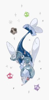 Rule 34 | blue hair, full body, gen 7 pokemon, highres, long hair, minior, minior (core), minior (green core), minior (meteor), minior (red core), minior (violet core), multi-tied hair, nintendo, no humans, pokemon, pokemon (creature), pokemon focus, primarina, ru oo0o, sea lion, simple background, sparkle, white background