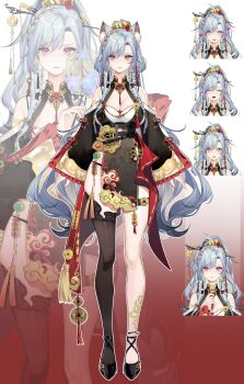 Rule 34 | 1girl, ^ ^, absurdres, animal ear fluff, animal ears, asymmetrical bangs, bare shoulders, beads, black bag, black dress, black shoes, blue hair, braid, breasts, chinese clothes, chinese commentary, cleavage, closed eyes, closed mouth, clothing cutout, cloud print, coattails, coin, collarbone, collared shirt, commentary request, cropped torso, dot nose, dress, expressionless, eyelashes, fingernails, fox ears, frilled sleeves, frills, full body, gradient background, hair beads, hair between eyes, hair ornament, hand fan, happy, highres, holding, holding fan, holding microphone, holed coin, large breasts, light blush, lipstick, long hair, long sleeves, looking at viewer, makeup, microphone, multiple braids, multiple expressions, open mouth, original, outline, pink lips, print dress, purple eyes, red background, red ribbon, reference sheet, ribbon, shanwenyufan, shirt, shoes, shoulder cutout, side braids, side slit, single thighhigh, sleeve ribbon, sleeves past wrists, smile, standing, straight-on, tassel, thighhighs, tuanshan, twin braids, two-tone background, very long hair, virtual youtuber, wavy hair, white background, white outline, wide sleeves, xiangyun, zoom layer