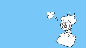 1other blanket blue_background chibi chibi_only clock commentary dante_(limbus_company) dated_commentary fire flaming_head gloom_(expression) greyscale_with_colored_background highres ivy_(675671) limbus_company mephistopheles_(project_moon) object_head project_moon simple_background speech_bubble sweat symbol-only_commentary thought_bubble waking_up