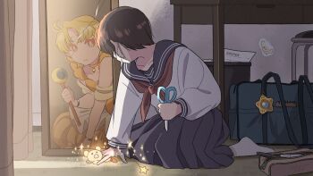 1girl bag blonde_hair blue_sailor_collar broken_mirror brown_hair different_reflection duffel_bag highres kneeling kojiro337 looking_at_reflection magical_girl mascot mask mirror mouth_mask on_floor original pencil_case pleated_skirt red_ribbon reflection ribbon sailor_collar school_uniform serafuku shirt skirt sparkle sticker table trash_can white_shirt