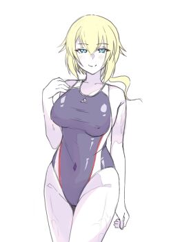 1girl absurdres amano_soraha arm_at_side armpit_crease assault_lily black_one-piece_swimsuit blonde_hair blue_eyes blush breasts cameltoe closed_mouth collarbone commentary_request competition_swimsuit covered_erect_nipples covered_navel cowboy_shot groin hair_between_eyes half-closed_eyes hand_up highres large_breasts long_hair looking_at_viewer low_ponytail one-piece_swimsuit ponytail simple_background smile snym_ura solo standing swimsuit wet white_background