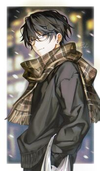 Rule 34 | 1boy, absurdres, bag, black hair, black jacket, black pants, blurry, blurry background, border, brown eyes, brown scarf, closed mouth, commentary request, fringe trim, glasses, hair between eyes, highres, jacket, long sleeves, looking at viewer, looking to the side, male focus, night, original, outdoors, outside border, pants, plaid clothes, plaid scarf, plastic bag, scarf, signature, snowing, solo, twitter username, upper body, white border, white xxxx