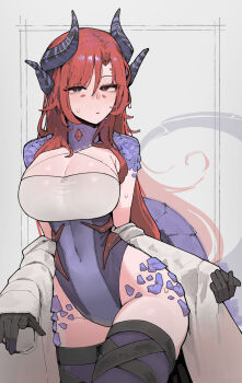 1girl artist_name azz0422 black_gloves blush breasts cleavage closed_mouth clothes_pull covered_navel dragon_girl dragon_horns dragon_tail eyelashes gloves hair_over_shoulder heterochromia high_collar highleg highleg_leotard highres horns jacket jacket_pull jewelry_on_skin large_breasts leotard looking_at_viewer multiple_horns narrow_waist narrowed_eyes original purple_eyes purple_scales qr_code red_eyes red_hair simple_background sleeveless solo standing sweatdrop tail thighhighs thighs