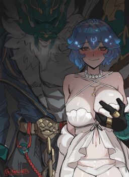 1boy 1girl abs artist_name babydoll bao_the_whale bare_shoulders belt black_gloves blue_hair blush bow breasts cleavage closed_mouth commentary cowboy_shot foxlutts front_bow front_slit furry furry_male gloves grabbing_another&#039;s_breast grabbing_from_behind green_mask groping hashtag-only_commentary heavy_breathing highres honkai:_star_rail honkai_(series) hoolay_(honkai:_star_rail) jewelry large_breasts looking_at_viewer mask multiple_rings muscular muscular_male navel necklace panties pearl_necklace red_eyes ring sharp_teeth short_hair silver_tiara standing star_(symbol) stomach teeth tiara twitter_username underwear virtual_youtuber white_babydoll white_fur white_panties wolf_boy