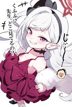 +++ 1boy 1girl black_choker black_hairband black_shoes blue_archive bow bow_choker breasts choker doodle_sensei_(blue_archive) dress earrings fang fishnets fur_shawl grin hairband halo highres jewelry loli looking_at_viewer mosuke1221 mutsuki_(blue_archive) mutsuki_(dress)_(blue_archive) official_alternate_costume pearl_earrings pointy_ears purple_eyes red_dress red_halo sensei_(blue_archive) shawl shoes simple_background sleeveless sleeveless_dress smile translation_request white_background white_hair