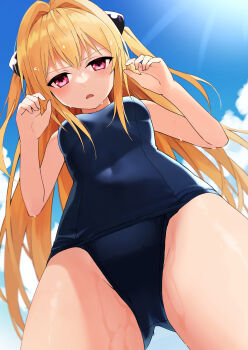 1girl absurdres blonde_hair blush breasts commentary_request cowboy_shot day from_below gluteal_fold hair_intakes hair_ornament hands_up highres konjiki_no_yami long_hair looking_at_viewer open_mouth outdoors pink_eyes red_eyes school_swimsuit siina27164 sky small_breasts solo swimsuit to_love-ru two_side_up