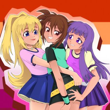 3girls blonde_hair blue_eyes breasts brown_eyes brown_hair caramella_girls commentary cowboy_shot girl_sandwich highres lesbian_flag long_hair medium_breasts mindy_(caramella_girls) multiple_girls nadine_(caramella_girls) one_side_up purple_eyes purple_hair sandwiched short_hair short_twintails standing symbol-only_commentary tan tongue tongue_out twintails vera_(caramella_girls) verafan4ever yuri