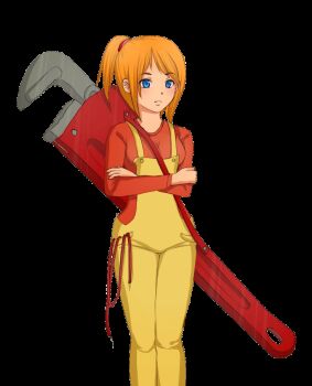 1girl animated animated_gif blue_eyes blue_skin colored_skin hair_ornament mechanic_(terraria) orange_hair overalls oversized_object ponytail smile speech_bubble terraria transparent_background wrench