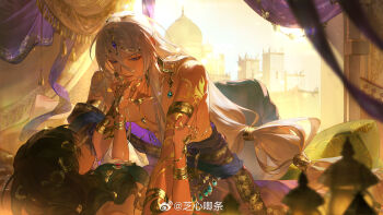 1boy 1girl abs aqua_gemstone arabian_clothes arm_support arm_tattoo armlet bare_pectorals bare_shoulders black_hair blue_sash blurry boy_on_top bracelet braid cael_anselm chinese_commentary closed_eyes couple cowboy_shot curtains day depth_of_field earrings gem gold_armlet gold_bracelet gold_earrings gold_necklace hair_between_eyes hair_tubes hand_chains hands_up head_chain heroine_(lovebrush_chronicles) hetero highres holding_hands indoors jewelry lips long_hair long_hair_between_eyes looking_at_another lovebrush_chronicles lying middle_eastern_architecture multi-tied_hair multiple_bracelets multiple_necklaces multiple_rings necklace on_back parted_lips pectorals purple_eyes purple_gemstone purple_robe ring robe sash side_braid sparkle straddling tassel tattoo toned toned_male watermark weibo_watermark white_hair zhixinjitiao