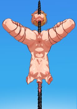 1girl ahoge all_the_way_through amputee bound bound_legs cannibalism corpse death decapitation dismemberment female_focus green_eyes guro gynophagia impaled john0819 leg_up nipples restrained severed_arm severed_head severed_limb shiny_skin solo sweat tongue upside-down