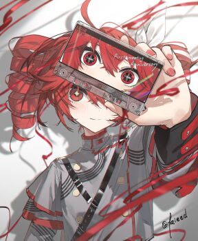 1girl artist_name button_eyes buttons character_name closed_mouth crossed_bangs double-parted_bangs drill_hair fingernails grey_background grey_shirt hair_between_eyes hand_up hashtag-only_commentary highres holding_ema kasane_teto kasane_teto_(sv) kieed layered_sleeves long_bangs long_sleeves looking_at_viewer lying medium_hair nail_polish on_back red_hair red_nails shadow shirt short_over_long_sleeves short_sleeves smile solo star-shaped_pupils star_(symbol) symbol-shaped_pupils synthesizer_v twin_drills twintails undershirt upper_body utau