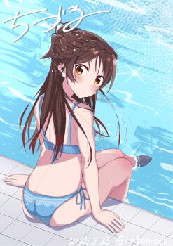 1girl arms_at_sides ass bare_arms bare_shoulders barefoot bikini blue_bikini braid brown_eyes brown_hair closed_mouth dated highres in_water kanojo_okarishimasu long_hair looking_at_viewer looking_back mizuhara_chizuru on_floor oyatsu_(1727318) pool poolside side_braid signature sitting solo swimsuit thighs tile_floor tiles water
