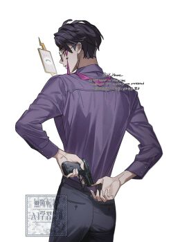 1boy arms_behind_back black_pants collared_shirt corbeau_(pokemon) gen_4_pokemon glasses gun handgun highres holding holding_gun holding_weapon kitsune_(ly_howe) looking_at_phone male_focus nintendo pants phone pokemon pokemon_legends:_z-a purple_shirt rotom rotom_phone round_eyewear shirt shirt_tucked_in short_hair simple_background sleeve_cuffs solo tassel watermark weapon white_background