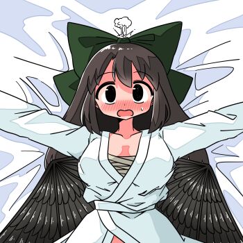 Rule 34 | 1girl, bathrobe, bed sheet, black eyes, black hair, black wings, blush, bow, breasts, chest sarashi, collarbone, commentary request, embarrassed, feathered wings, green bow, hair bow, head steam, highres, kasuya baian, large breasts, long hair, long sleeves, looking at viewer, lying, on back, open mouth, outstretched arms, partial commentary, reiuji utsuho, sarashi, solo, spread arms, sweatdrop, touhou, upper body, wings