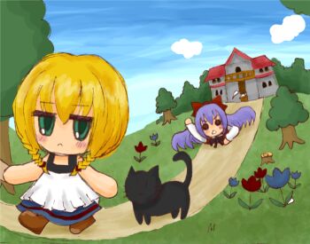 1boy 2girls :< :3 arm_up bare_arms black_cat blonde_hair blue_flower blue_sky blush boots bow braid brown_boots cat chibi chibi_only cloud commentary_request crawling day dress ellen_(majo_no_ie) father_and_daughter flower flying_sweatdrops grass green_eyes hair_bow holding_hands hollow_eyes house humi_(imifummy) jitome letter long_hair long_sleeves majo_no_ie multiple_girls official_artist_extra out_of_frame outdoors path purple_hair red_bow red_dress red_flower road shirt sky sleeveless sleeveless_dress tree tree_stump triangle_mouth twin_braids viola's_father_(majo_no_ie) viola_(majo_no_ie) white_dress white_shirt