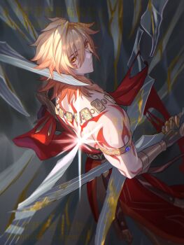 1boy arm_tattoo armlet at_knifepoint back_tattoo black_coat blonde_hair blood braid clawed_gauntlets coat earrings facial_tattoo gold_earrings gold_necklace gradient_hair highres honkai:_star_rail honkai_(series) jewelry male_focus medium_hair multicolored_hair mydei_(honkai:_star_rail) necklace open_clothes open_coat red_hair red_tattoo side_braid solo sword sword_to_throat tanemaki_monaka tattoo weapon yellow_blood yellow_eyes