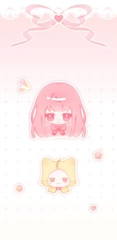 1girl ahoge animal blunt_bangs blunt_ends bow bowtie cat chinese_commentary cloak closed_mouth clothed_animal commentary_request dot_nose ear_covers expressionless flower gradient_background halftone halftone_background head_only heart highres hood hood_up hooded_cloak light_blush long_hair loose_hair_strand momo_(nikki) nikki_(nikki) nikki_(series) notice_lines outline pink_background pink_eyes pink_flower pink_hair qianli933 red_bow red_bowtie shining_nikki straight-on traditional_bowtie two-tone_background whiskers white_background white_cat white_outline yellow_cloak