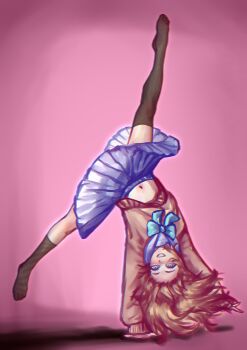 1girl absurdres aqua_bow aqua_bowtie asymmetrical_legwear belly black_socks black_thighhighs blue_eyes blue_sailor_collar blue_skirt bow bowtie brown_hair cardigan cartwheel commentary english_commentary full_body grin highres long_hair long_sleeves looking_at_viewer navel neuro-sama no_shoes nyuakel pink_background pleated_skirt sailor_collar single_sock single_thighhigh skirt smile socks solo thighhighs uneven_legwear vedal_ai virtual_youtuber yellow_cardigan