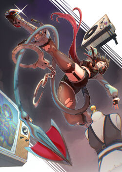 1girl absurdres black_hair breasts chuckuddin commentary cuffs english_commentary fingerless_gloves gloves handcuffs highres jane_doe_(zenless_zone_zero) long_hair mouse_girl mouse_tail red_nails sharp_tail signature solo tail zenless_zone_zero