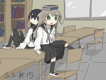 Rule 34 | 2girls, back-to-back, black hair, book, brown hair, library, multiple girls, object on head, school uniform, shimeji simulation, sitting, table, tagme, tsukishima shijima, tsukumizu yuu, yomikawa (shimeji simulation)