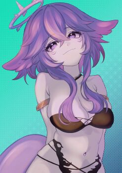 1girl absurdres aqua_background armlet arms_behind_back bikini black_bikini black_choker breasts choker cleavage closed_mouth colored_skin commentary eyelashes grey_skin halo highres indie_virtual_youtuber jewelry kacom_art long_hair megalodon_(vtuber) multiple_armlets navel purple_eyes purple_hair sidelocks smile solo stomach swimsuit tail virtual_youtuber