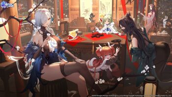 Rule 34 | 5girls, all fours, an shan (azur lane), architecture, azur lane, bent over, black bodystocking, black dress, black hair, black mask, black thighhighs, blue dress, blue eyes, blue nails, bow, branch, breast curtains, breasts, brown hair, calligraphy brush, capelet, chang wu (azur lane), chinese new year, cleavage, commentary, cone hair bun, copyright name, covered navel, crossed legs, cup, detached sleeves, double bun, dress, east asian architecture, english commentary, feather boa, flower, frilled sleeves, frills, fu shun (azur lane), fu shun (the unbreakable baozi heist) (azur lane), fur-trimmed capelet, fur trim, green bow, green eyes, green hair, grey hair, hai chou (azur lane), hai yung (azur lane), hai yung (maple impressions) (azur lane), hair bun, hair ornament, hair over one eye, hairband, hairclip, hanging scroll, highres, holding, holding calligraphy brush, holding cup, holding paintbrush, lantern, large breasts, logo, looking at another, looking at viewer, looking to the side, mask, mouth mask, multiple girls, nail polish, official art, orange eyes, orange hair, paintbrush, parted lips, pelvic curtain, ponytail, red capelet, scroll, second-party source, single thighhigh, sitting, sleeveless, sleeveless dress, swd3e2, table, teacup, teapot, thighhighs, under table, white capelet, white dress, white flower, white hairband