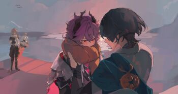 1girl 3boys aether_(genshin_impact) bird commentary dragon dragon_boy dragon_horns durin_(genshin_impact) english_commentary genshin_impact highres horns looking_down messy_hair multiple_boys paimon_(genshin_impact) rattattack red_eyes scaramouche_(genshin_impact) scarf teardrop wanderer_(genshin_impact)