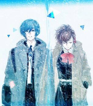 Rule 34 | 1boy, 1girl, asymmetrical bangs, bag, black bag, black gloves, black pants, black ribbon, black skirt, black vest, blue eyes, blue hair, bow, bowtie, brown coat, brown hair, buttons, closed eyes, closed mouth, coat, collared shirt, commentary, double-breasted, double-parted bangs, dress shirt, expressionless, foggy0000, gekkoukan high school uniform, gloves, grey coat, hair between eyes, hand in pocket, high-waist skirt, high ponytail, highres, hood, hood down, hooded coat, lapels, long sleeves, looking up, neck ribbon, notched lapels, open clothes, open coat, pale skin, pants, parted lips, peacoat, persona, persona 3, persona 3 portable, ponytail, red bow, red bowtie, ribbon, school bag, school uniform, shiomi kotone, shirt, short hair, short ponytail, shoulder bag, skirt, snowing, triangle, u u, untranslatable commentary, upper body, vest, white shirt, wind, wing collar, winter clothes, winter coat, yuuki makoto (persona 3)