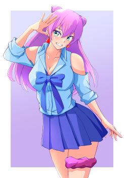 1girl absurdres blue_bow blue_shirt blue_skirt border bow breasts cleavage clothing_cutout collared_shirt commentary cone_hair_bun earrings fujish fuufu_ijou_koibito_miman. green_eyes hair_between_eyes hair_bun heart heart_earrings highres jewelry large_breasts light_blush long_hair looking_at_viewer pink_background pink_hair pleated_skirt shirt shoulder_cutout skirt smile table thigh_scrunchie watanabe_akari white_border