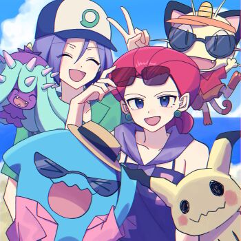 1boy 1girl baseball_cap beach blue_eyes closed_eyes gen_1_pokemon gen_2_pokemon gen_7_pokemon hair_bun hat highres james_(pokemon) jessie_(pokemon) looking_at_viewer mareanie meowth mimikyu nintendo pokemon pokemon_(anime) pokemon_(creature) pokemon_sm_(anime) purple_hair red_hair selfie shirt sunglasses t-shirt team_rocket wobbuffet yunyun_n23