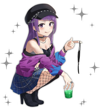 1girl :q asymmetrical_legwear bad_id bad_pixiv_id bare_shoulders belt black_hat black_shoes black_tank_top black_thighhighs blush bracelet breasts chain choker cleavage crop_top cup diagonal_bangs disposable_cup drink ear_piercing fingernails fishnet_thighhighs fishnets hat high_heels highres holding holding_drink idolmaster idolmaster_shiny_colors jacket jewelry long_hair mask mismatched_legwear multicolored_jacket multicolored_tank_top necklace oyasuminasai31 piercing plaid_clothes plaid_skirt purple_eyes purple_jacket ring shoes skirt skull_ornament smile tanaka_mamimi tank_top thighhighs tongue tongue_out white_background