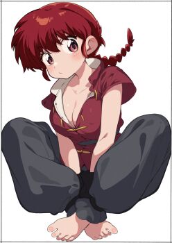 Rule 34 | 1girl, absurdres, barefoot, blush, braid, breasts, chinese clothes, cleavage, feet, full body, highres, indian style, kei (soundcross), looking at viewer, medium breasts, ranma-chan, ranma 1/2, red eyes, red hair, simple background, sitting, solo, tangzhuang, toes, white background