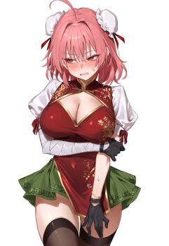 1girl adapted_costume bandaged_arm bandages black_gloves breasts brown_thighhighs bun_cover cleavage cleavage_cutout clothing_cutout commentary_request double_bun embarrassed gloves greenkohgen hair_bun highres ibaraki_kasen large_breasts medium_hair pink_eyes pink_hair puffy_short_sleeves puffy_sleeves red_tabard shirt short_sleeves simple_background solo tabard thighhighs touhou white_background white_shirt