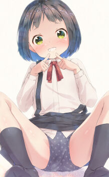 1girl black_hair black_skirt black_socks blush collared_shirt dress_shirt green_eyes loli looking_at_viewer no_shoes original paid_reward_available panties polka_dot polka_dot_panties pu-en shirt skirt smile socks solo suspender_skirt suspenders underwear white_shirt