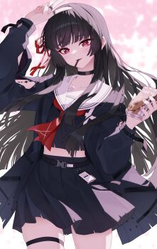 1girl absurdres ajeu914 arm_cutout arm_up black_choker black_hair black_jacket black_serafuku black_shirt black_skirt bright_pupils chisa_(wuthering_waves) choker clothing_cutout collarbone commentary_request crop_top fingernails food food_in_mouth hair_ribbon hand_up highres jacket long_hair long_sleeves looking_at_viewer neckerchief pocky pocky_in_mouth red_eyes red_neckerchief red_ribbon ribbon sailor_collar school_uniform serafuku shirt skirt solo tacet_mark_(wuthering_waves) thighs white_pupils white_sailor_collar wuthering_waves