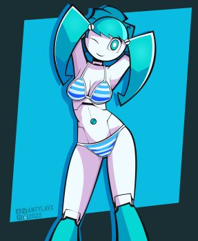 2022 absurdres antylavx armpits artist_name bikini blue_eyes blue_hair breasts cleavage dated highres humanoid_robot jenny_wakeman joints looking_at_viewer medium_breasts my_life_as_a_teenage_robot one_eye_closed robot robot_girl robot_joints swimsuit twintails two-tone_background wink