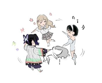 4girls alien_stage artist_self-insert ashigaya_high_school_uniform beamed_eighth_notes beamed_sixteenth_notes black_hair brown_hair butterfly_hair_ornament closed_eyes commentary crossover dress earrings grey_skirt hair_ornament hairband haori highres japanese_clothes jewelry kimetsu_no_yaiba kochou_shinobu long_hair long_sleeves motion_lines multicolored_hair multiple_crossover multiple_girls musical_note plaid_clothes plaid_skirt purple_hair roru_(lol_dessin) school_uniform sena_ajisai shirt shoes short_hair skirt smile sua_(alien_stage) two-tone_hair watashi_ga_koibito_ni_nareru_wake_naijan_murimuri! white_dress white_hairband white_shirt white_shoes