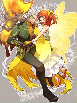 0nodera 1boy 1girl ahoge black_boots blue_eyes boots commentary_request detached_wings dress fate/grand_order fate_(series) forked_eyebrows fujimaru_ritsuka_(female) green_jacket grey_background grey_hair holding_hands jacket jewelry looking_at_viewer nagakura_shinpachi_(celebratory_attire)_(fate) nagakura_shinpachi_(fate) necklace open_mouth orange_eyes orange_hair parted_lips ribbon scar scar_on_face shirt short_hair turtleneck turtleneck_shirt wings yellow_dress yellow_ribbon yellow_shirt