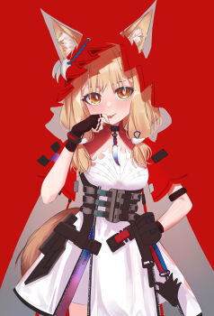 1girl absurdres animal_ears arknights arknights:_endfield black_gloves commentary dress ears_through_headwear fingerless_gloves gloves highres hood looking_at_viewer red_background rossi_(arknights) solo tail tongue tongue_out white_dress wolf_ears wolf_girl yakurope-moko