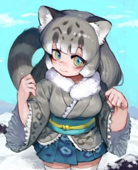 1girl animal_print belt blue_belt blue_skirt blush cowboy_shot frilled_kimono frilled_sleeves frills fur_collar grey_hair grey_kimono hair_between_eyes handsdsds highres japanese_clothes kemono_friends kimono leopard_print long_hair long_sleeves multicolored_hair obi pleated_skirt print_kimono print_skirt sash short_kimono sidelocks skirt snow_leopard_(kemono_friends) snow_leopard_ears snow_leopard_girl snow_leopard_tail solo thighhighs white_fur white_hair white_thighhighs yellow_eyes zettai_ryouiki