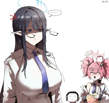 1boy 2girls ahoge anger_vein artist_name bag_of_chips black_hair blue_archive blue_eyes blue_halo blue_necktie breasts closed_eyes collared_shirt commentary doodle_sensei_(blue_archive) dress glasses halo highres horns jacket kai_xin large_breasts long_hair momoka_(blue_archive) multiple_girls necktie open_clothes open_jacket open_mouth pink_hair pointy_ears rin_(blue_archive) sensei_(blue_archive) shirt sleeveless sleeveless_dress smile twintails untranslatable_commentary white_jacket white_shirt