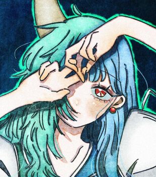 Rule 34 | aegyo sal, blue hair, blush, commentary request, ex-keine, green hair, green outline, hakunemui, horns, kamishirasawa keine, long hair, looking at viewer, multicolored hair, one eye covered, outline, own hands together, red eyes, signature, single horn, split-color hair, touhou, upper body