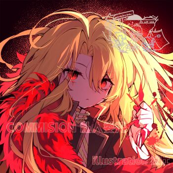 1girl :&lt; ahoge blonde_hair blood bloody_tears brown_jacket cape clenched_hand commentary_request commission don_quixote_(project_moon) gold_trim hand_up hemokinesis highres homura792 jacket la_manchaland_(identity)_(project_moon) lapels limbus_company long_hair looking_at_viewer notched_lapels parted_bangs project_moon red_cape sancho_(project_moon) solo upper_body very_long_hair white_jacket