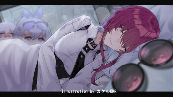 3girls bed black_necktie breasts caelus_(honkai:_star_rail) character_request check_character closed_mouth collared_shirt firefly_(honkai:_star_rail) honkai:_star_rail honkai_(series) kafka_(honkai:_star_rail) large_breasts letterboxed long_hair long_sleeves lying missing_commentary multiple_girls necktie on_bed on_side one_eye_closed pov_across_bed purple_eyes purple_hair reflection shirt silver_wolf_(honkai:_star_rail) smile srpzk stelle_(honkai:_star_rail) trailblazer_(honkai:_star_rail) white_shirt