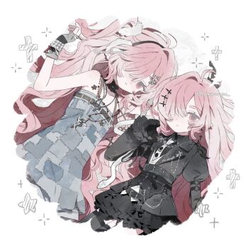 Rule 34 | 2girls, ahoge, bare shoulders, black dress, black gloves, blue dress, closed mouth, cowboy shot, cross, dot nose, dress, fingerless gloves, gloves, grey gloves, hair intakes, hair over one eye, hand up, juliet sleeves, latin cross, long hair, long sleeves, looking at viewer, memuro, multiple girls, original, pink hair, puffy sleeves, sleeveless, sleeveless dress, star (symbol), twitter username